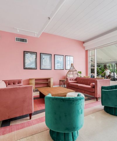 A bright modern lounge with pink walls, velvet sofas, a wooden table, large windows, and potted plants, all in an open office.