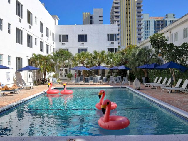 A rectangular pool with inflatable flamingo floats, surrounded by lounge chairs and umbrellas, with buildings in the background.