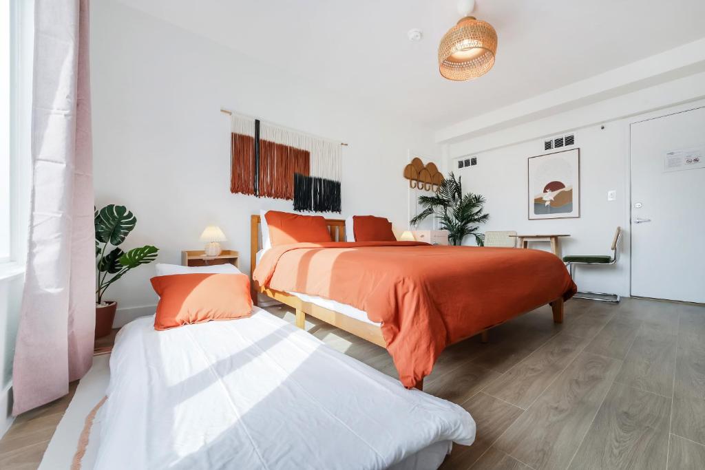 A bright and airy hotel room with two beds, a nightstand, and a plant.